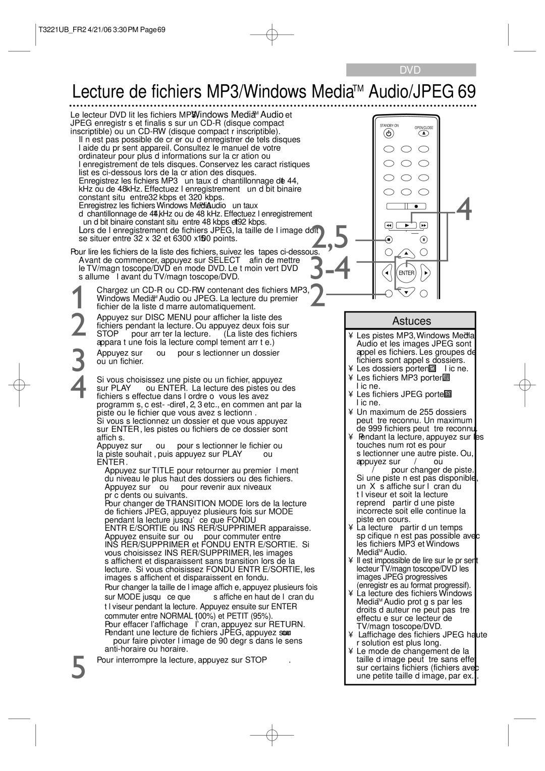 Philips 27PC4326/37 Lecture de fichiers MP3/Windows MediaTM Audio/JPEG, Pour interrompre la lecture, appuyez sur Stop C 