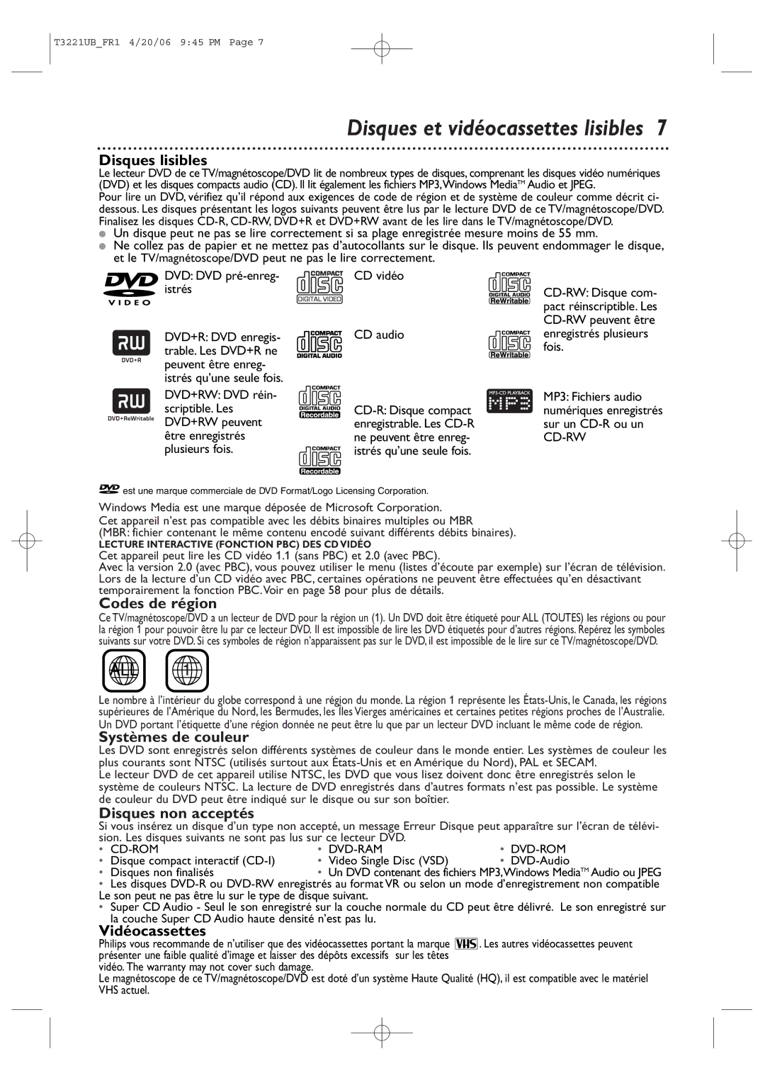 Philips 27PC4326/37 Disques lisibles, Codes de région, Systèmes de couleur, Disques non acceptés, Vidéocassettes 