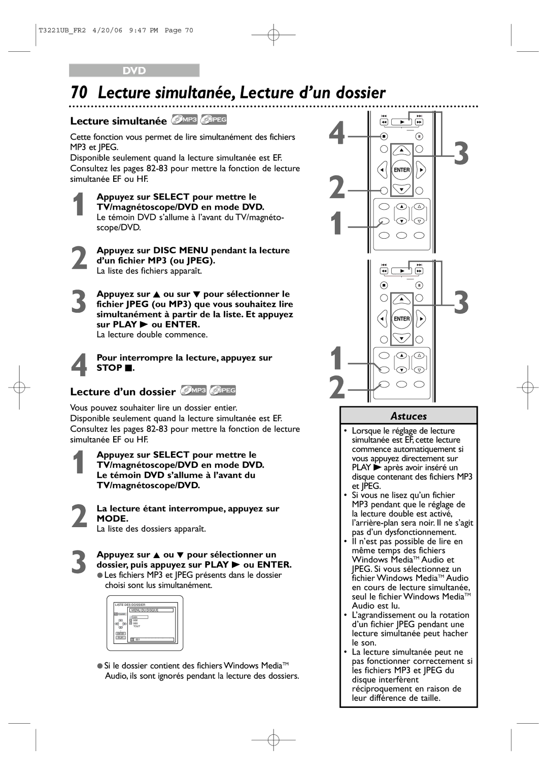 Philips 27PC4326/37 quick start Lecture simultanée, Lecture d’un dossier, Pour interrompre la lecture, appuyez sur, Stop C 