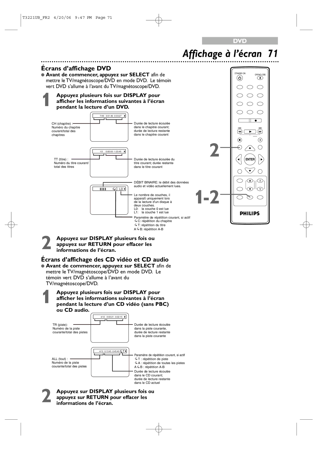 Philips 27PC4326/37 quick start Affichage à l’écran, Écrans d’affichage DVD, Écrans d’affichage des CD vidéo et CD audio 