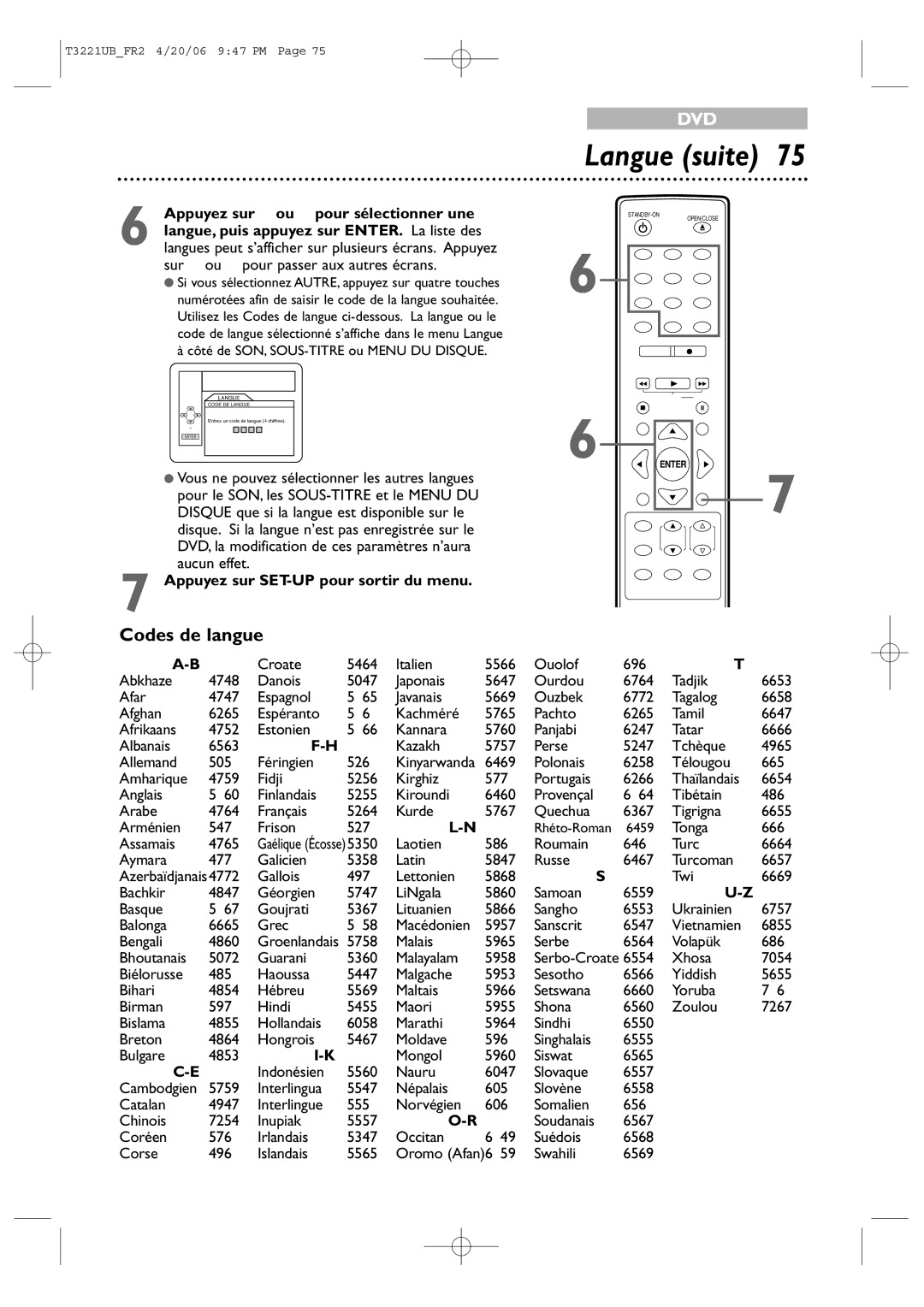 Philips 27PC4326/37 quick start Langue suite, Codes de langue, Tonga 6661 Assamais 4765 