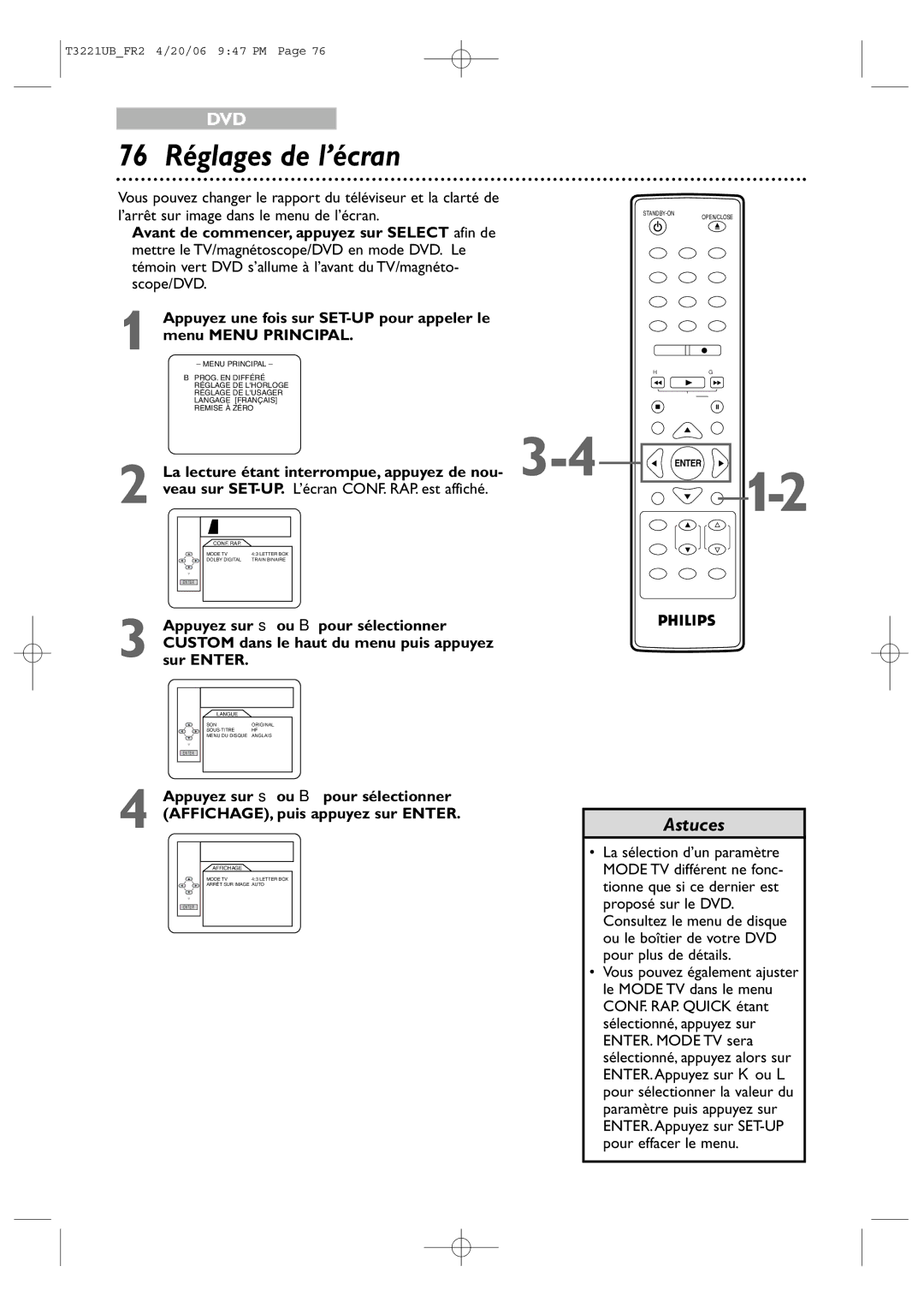 Philips 27PC4326/37 76 Réglages de l’écran, Appuyez sur s ou B pour sélectionner, AFFICHAGE, puis appuyez sur Enter 