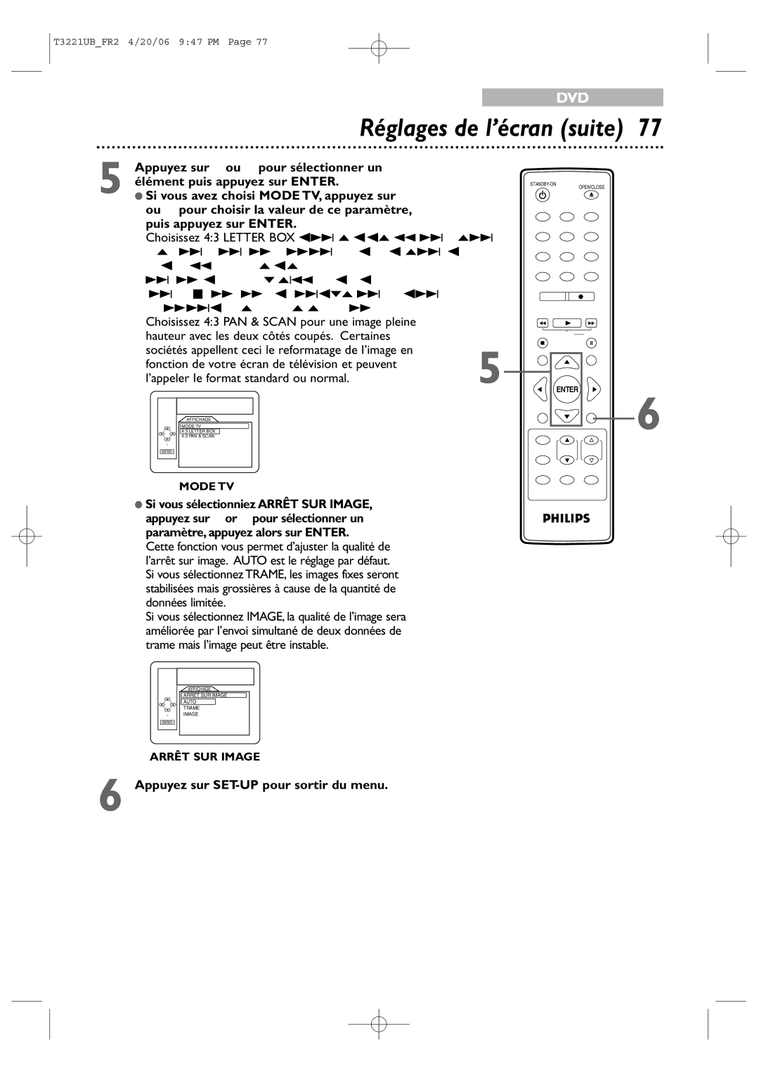 Philips 27PC4326/37 quick start Réglages de l’écran suite, Si vous sélectionniez Arrêt SUR Image 