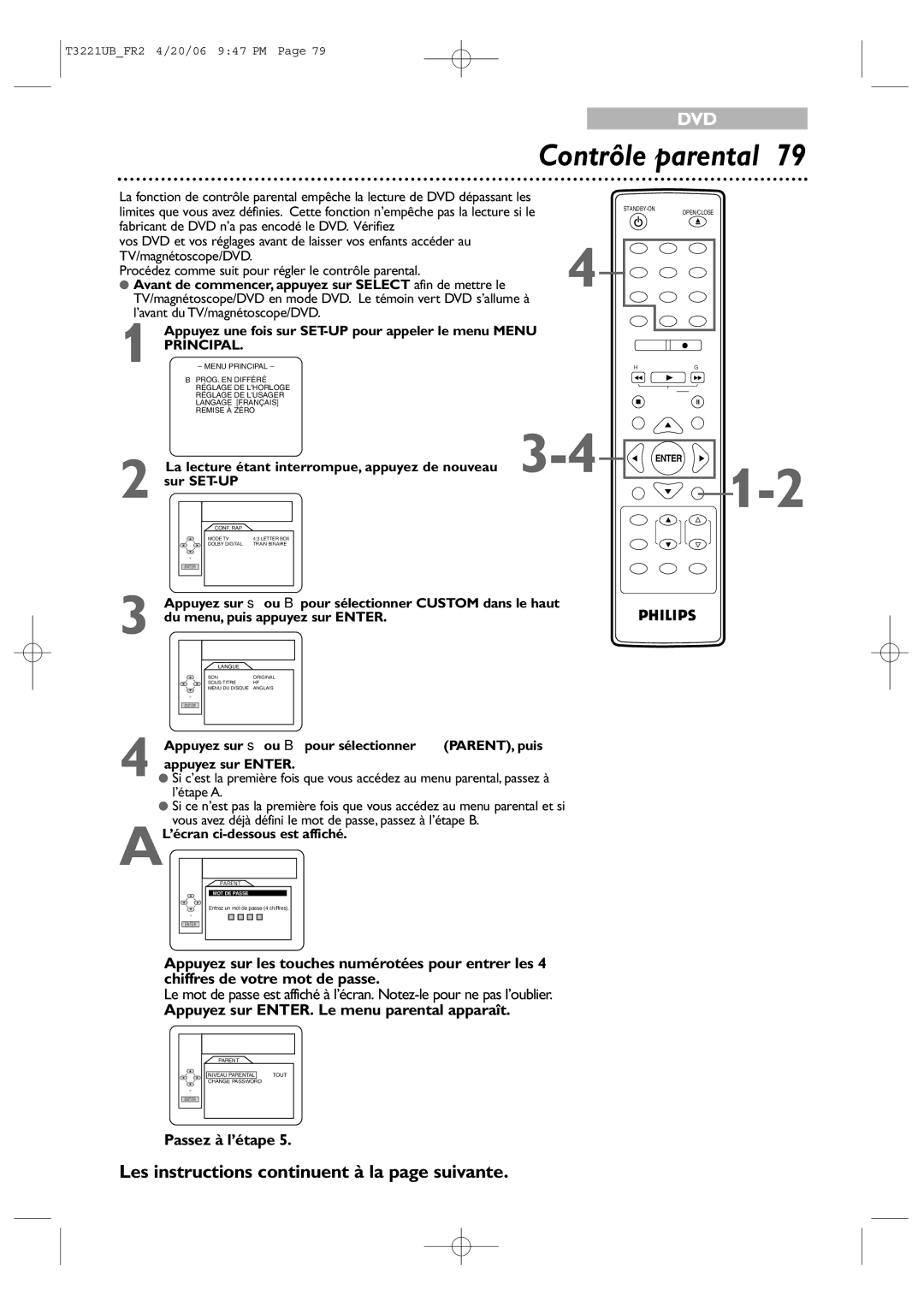 Philips 27PC4326/37 quick start Contrôle parental, Appuyez sur ENTER. Le menu parental apparaît, Passez à l’étape 