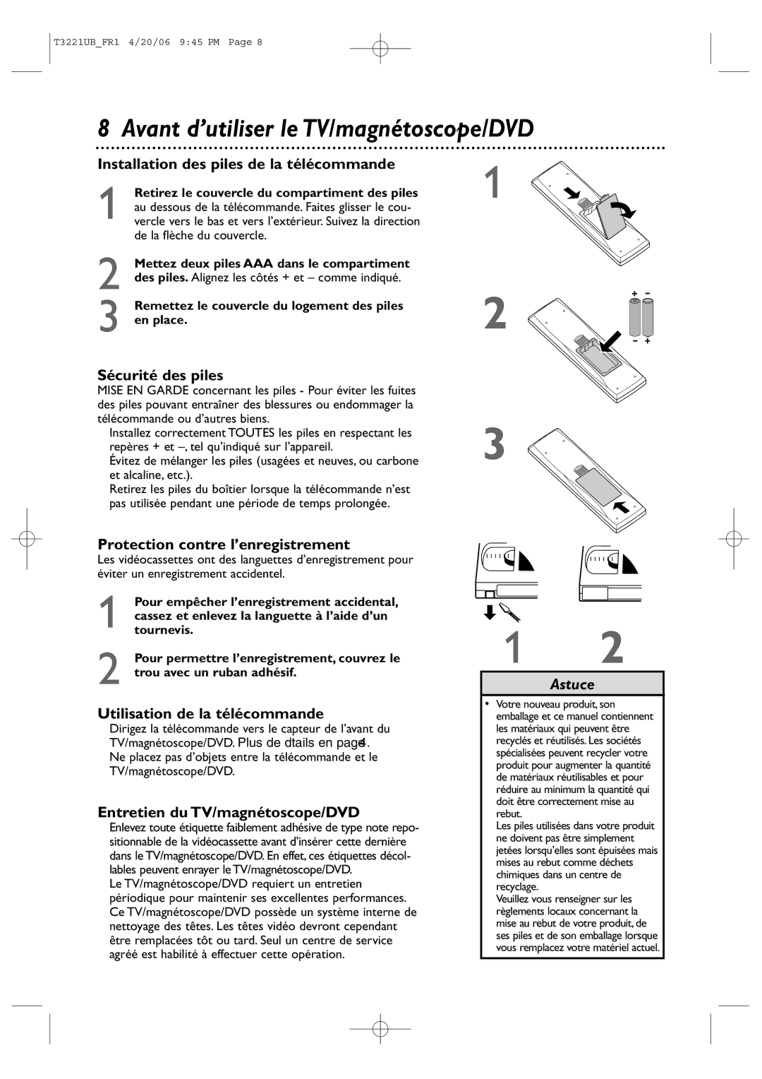 Philips 27PC4326/37 quick start Avant d’utiliser le TV/magnétoscope/DVD 