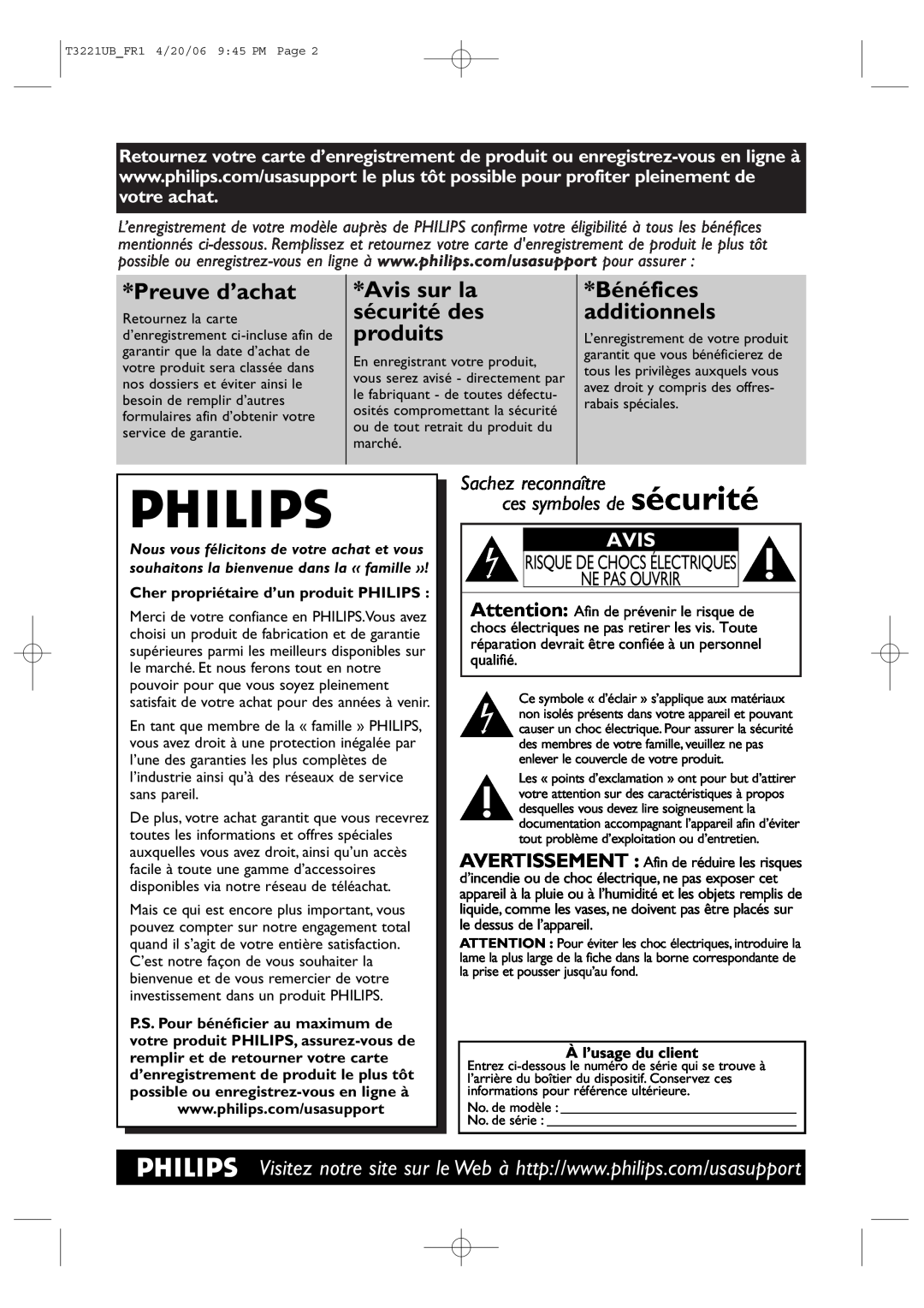 Philips 27PC4326/37 Risque De Chocs Électriques Ne Pas Ouvrir, Cher propriétaire d’un produit PHILIPS, À l’usage du client 