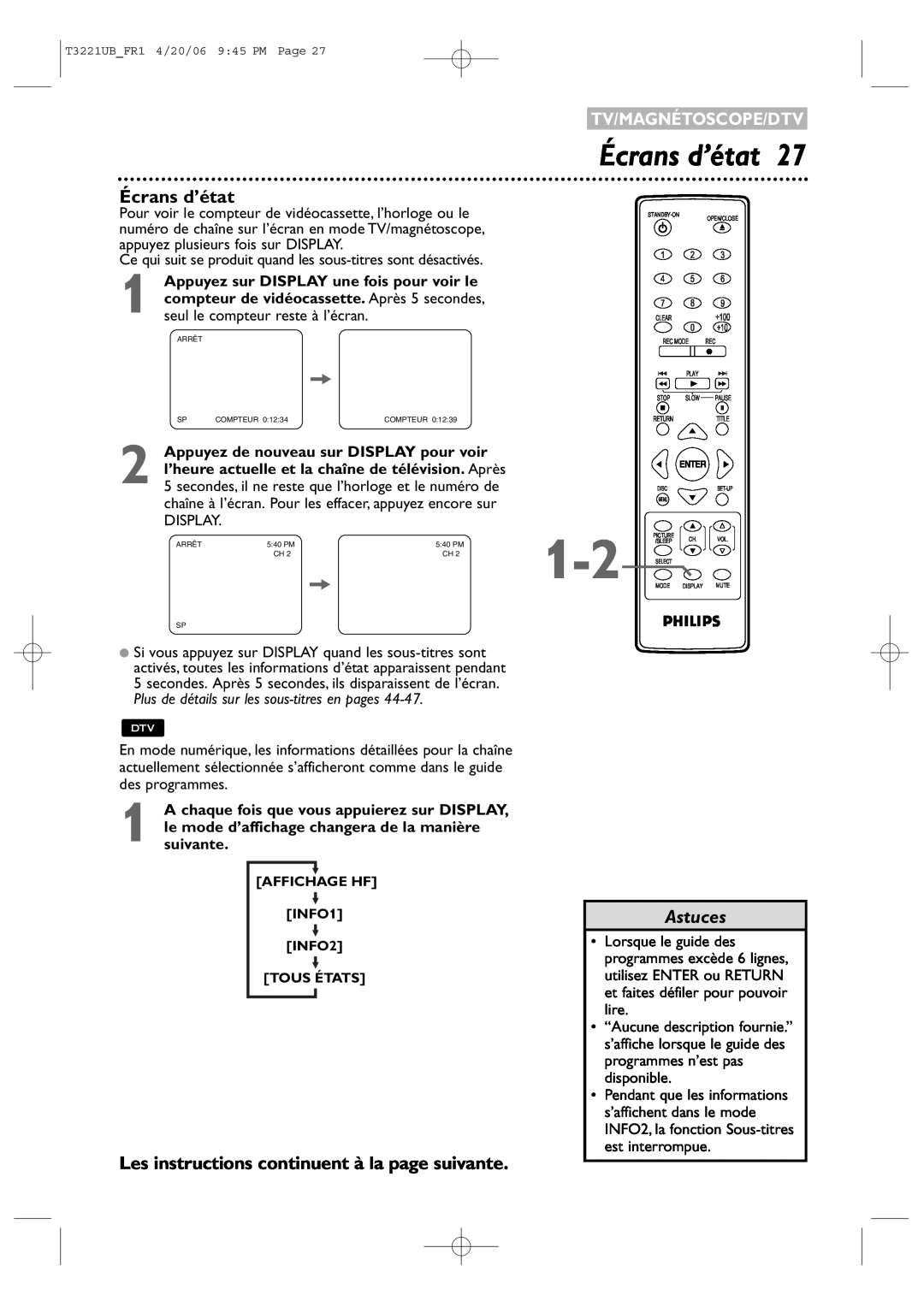 Philips 27PC4326/37 quick start Écrans d’état, Les instructions continuent à la page suivante, Astuces, Tv/Magnétoscope/Dtv 