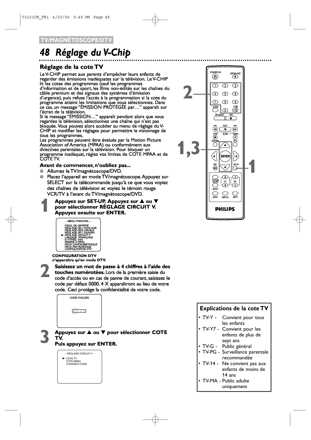 Philips 27PC4326/37 48 Réglage du V-Chip, Réglage de la cote TV, Explications de la cote TV, Tv/Magnétoscope/Dtv 
