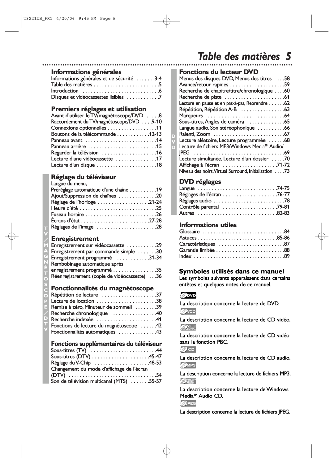 Philips 27PC4326/37 Table des matières, Informations générales, Premiers réglages et utilisation, Réglage du téléviseur 