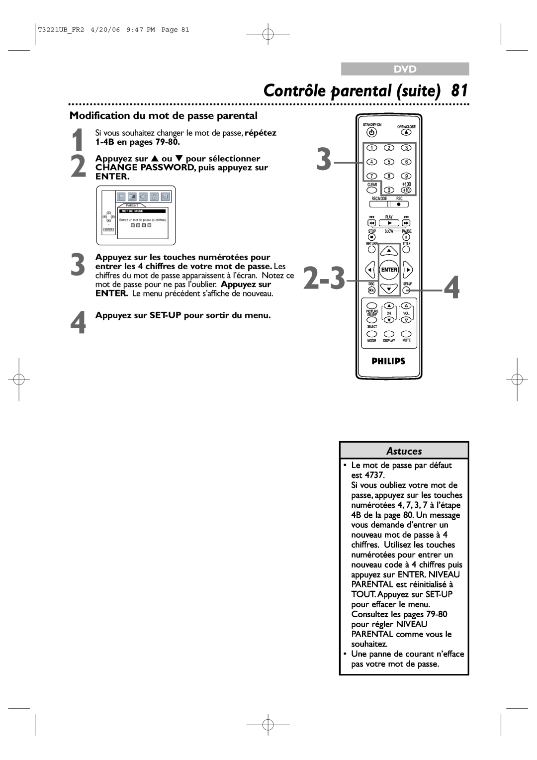Philips 27PC4326/37 quick start Contrôle parental suite, Modification du mot de passe parental, 1-4B en pages, Astuces 