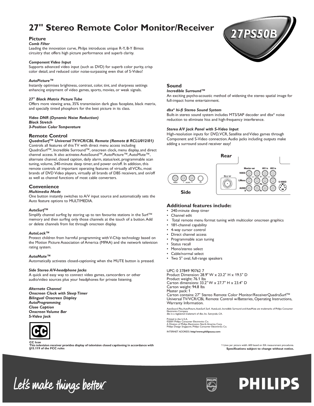 Philips 27PS 50B manual Picture, Remote Control, Sound, Rear Convenience, Additional features include 