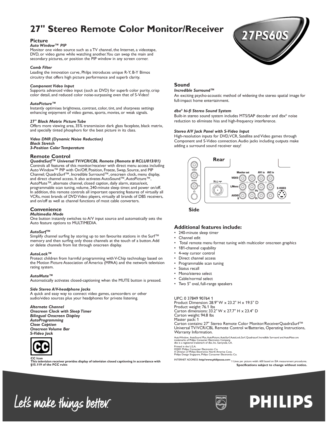 Philips 27PS 60S manual Picture, Sound, Remote Control, Convenience, Rear Side Additional features include 