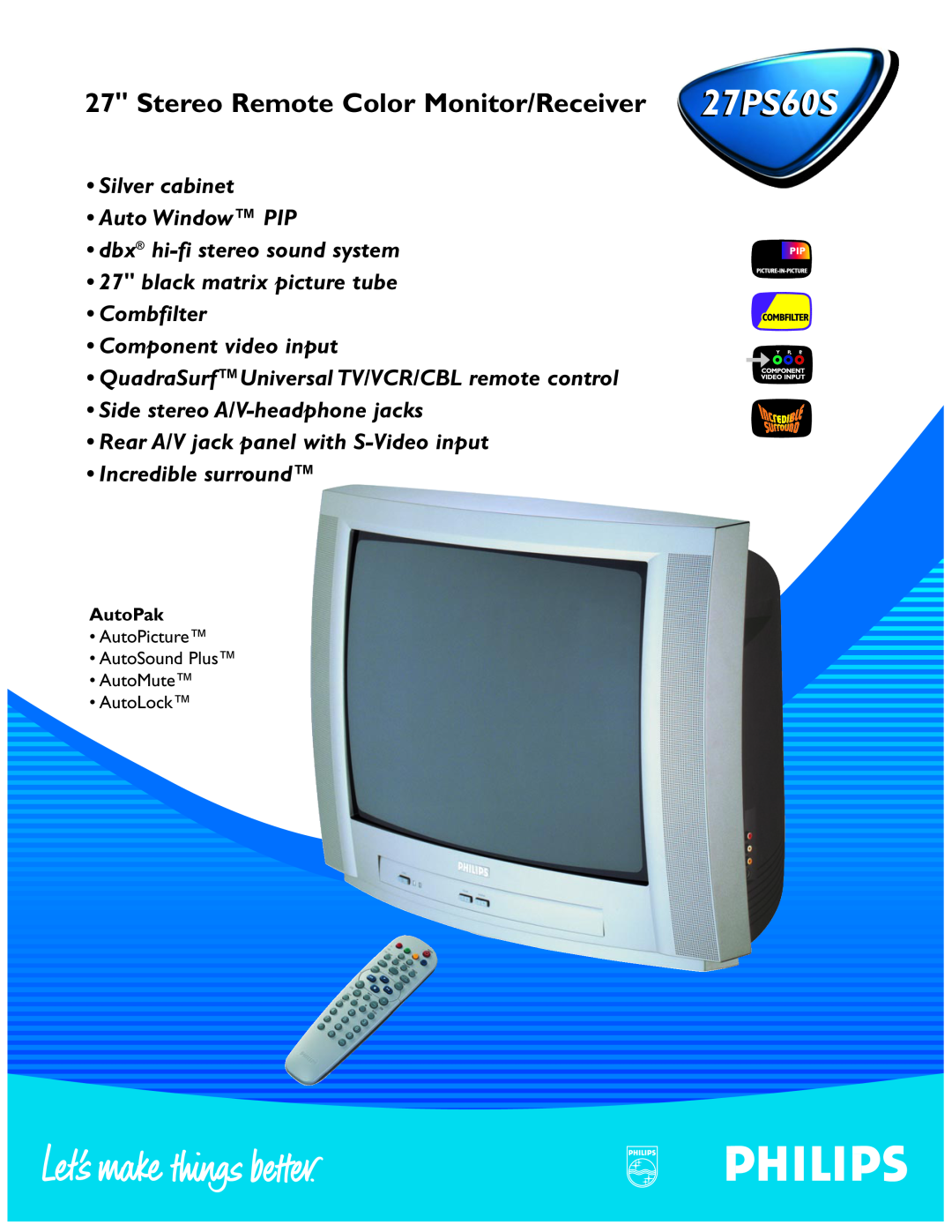 Philips 27PS 60S manual Stereo Remote Color Monitor/Receiver 27PS60S, QuadraSurfUniversal TV/VCR/CBL remote control 