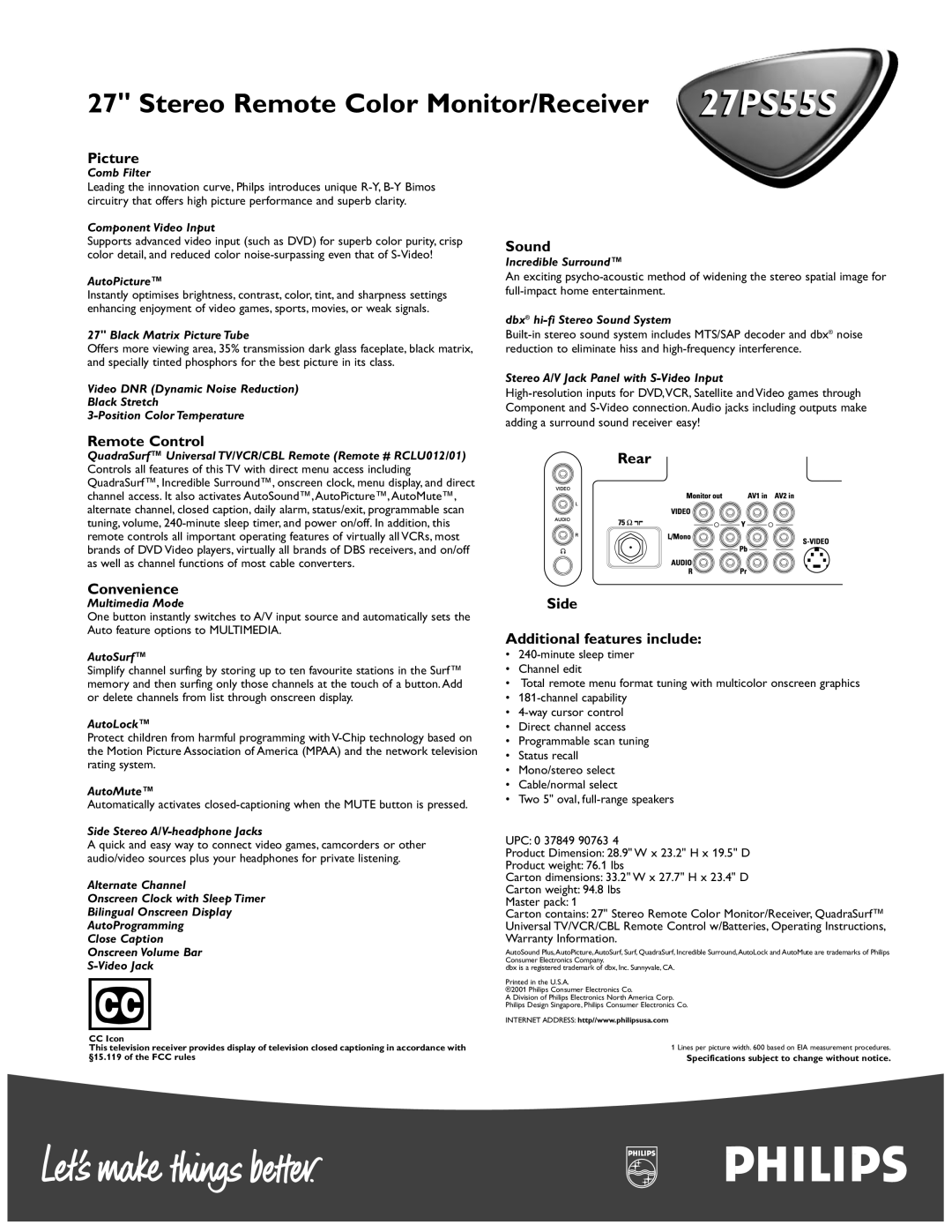 Philips 27PS55S manual Picture, Sound, Remote Control, Convenience, Rear Side Additional features include 