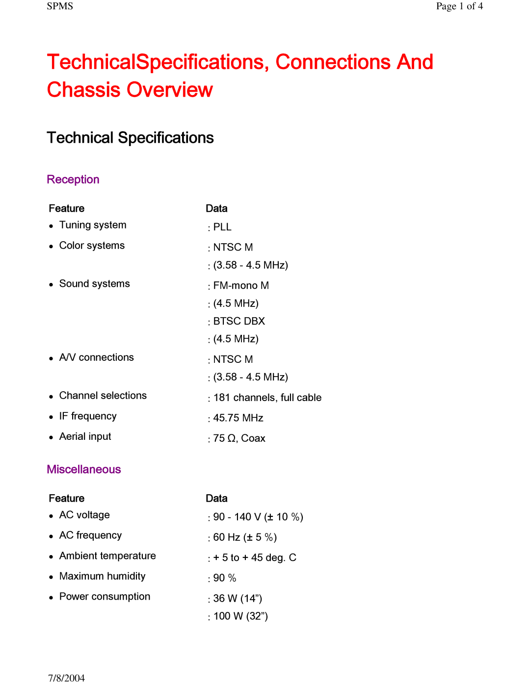 Philips 27PS60S321 manual Technical Specifications, Reception, Miscellaneous 