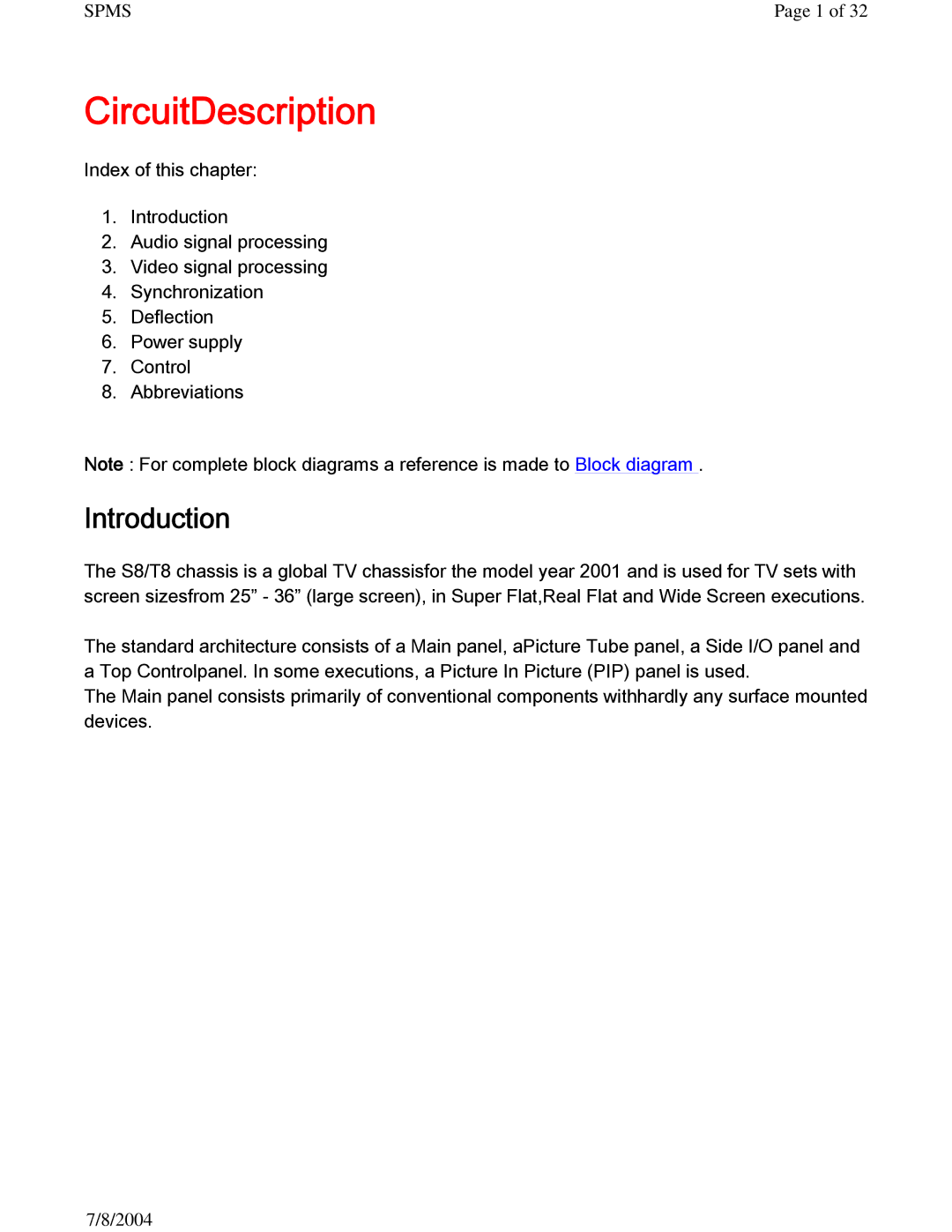 Philips 27PS60S321 manual CircuitDescription, Introduction 