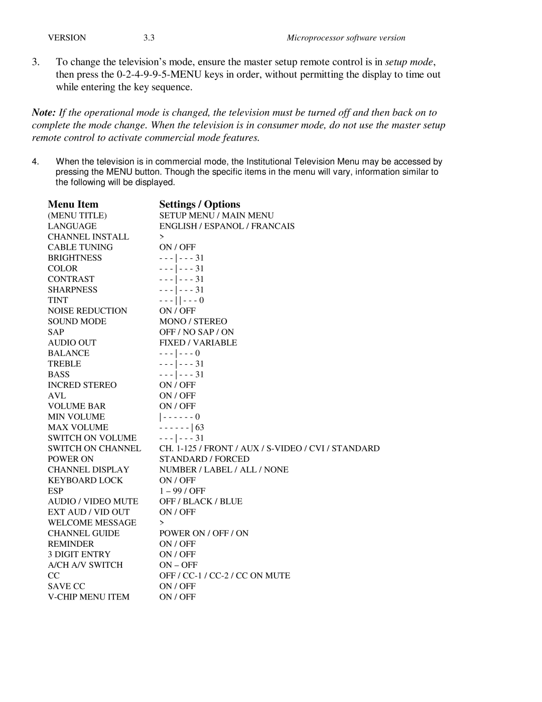 Philips 27PS60S321 manual Menu Item Settings / Options 