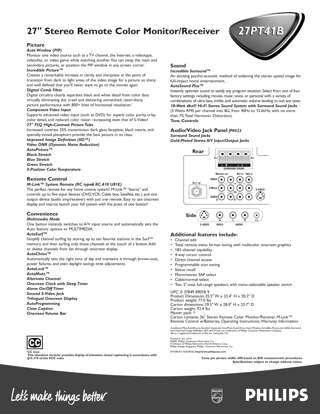 Philips 27PT 41B manual Picture, Sound, Audio/Video Jack Panel JP0522, Remote Control, Convenience, Side 