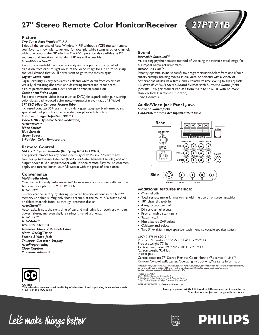 Philips 27PT 71B manual Picture, Sound, Audio/Video Jack Panel JP0523, Rear, Remote Control, Convenience, Side 