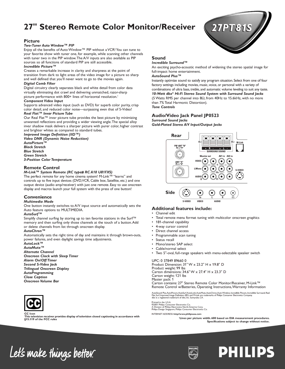 Philips 27PT 81S manual Picture, Sound, Remote Control, Convenience, Audio/Video Jack Panel JP0523, Rear, Side 