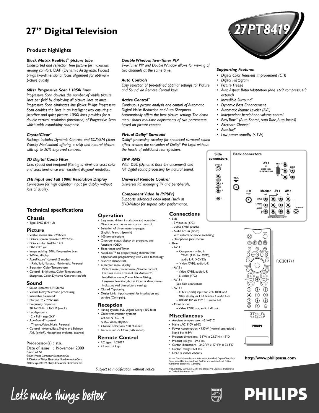 Philips 27PT 8419 Product highlights, Technical specifications, Connections Operation, Chassis, Picture, Sound, Reception 