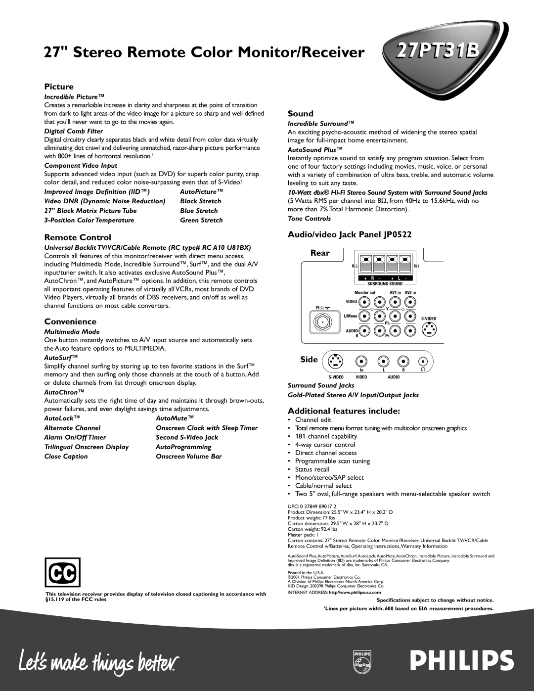 Philips 27PT31B manual Picture, Sound, Remote Control, Convenience, Audio/video Jack Panel JP0522, Side 