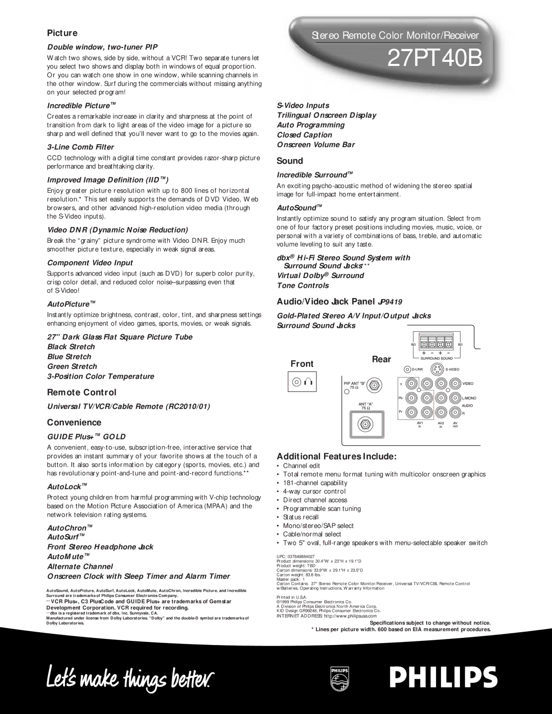 Philips 27PT40B manual Picture, Remote Control, Convenience, Sound, Audio/Video Jack Panel JP9419, Front 