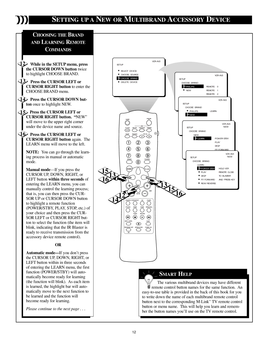 Philips 27PT41B1, 32PT41B1, 36PT41B1 manual Choosing the Brand Learning Remote Commands 