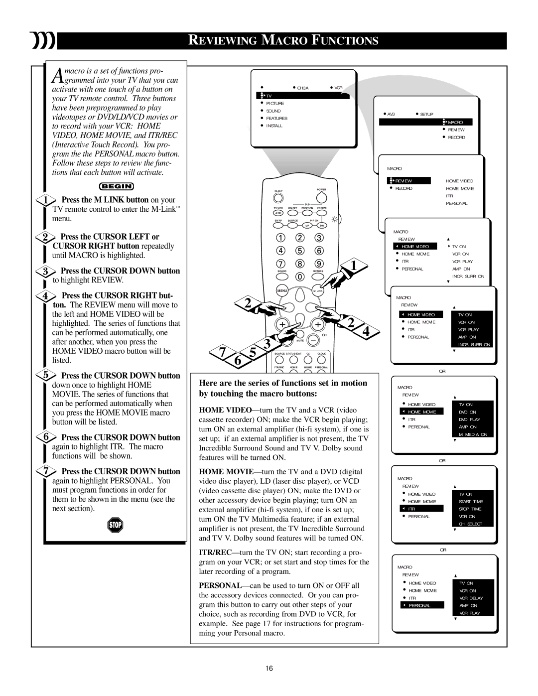 Philips 32PT41B1, 27PT41B1, 36PT41B1 manual Reviewing Macro Functions, Press the Cursor Down button 