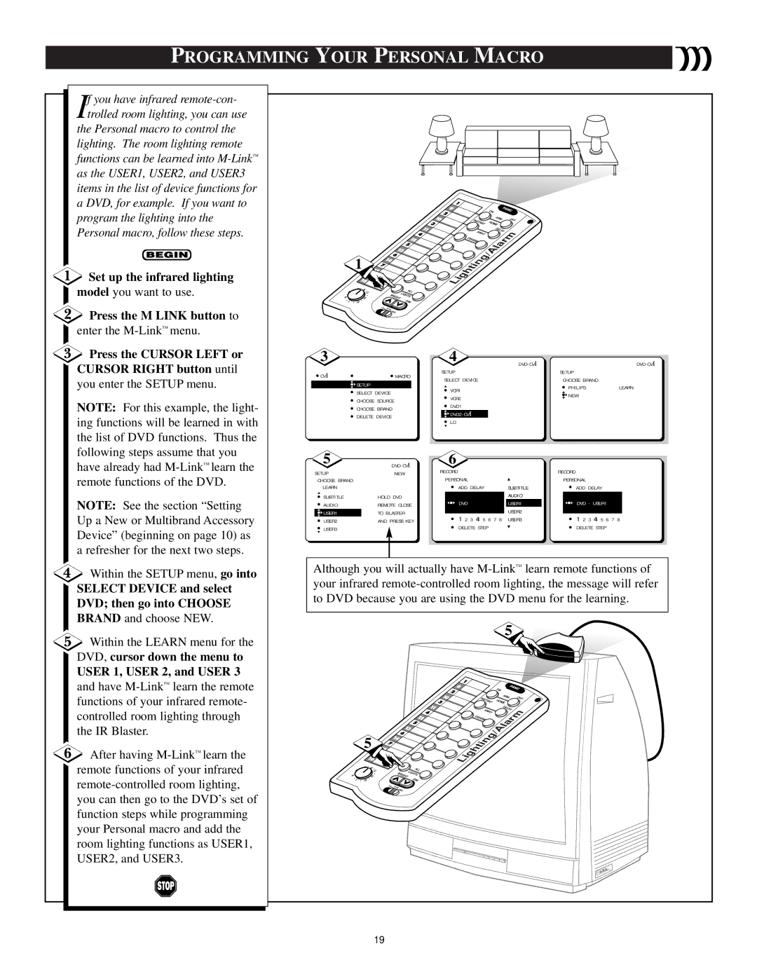 Philips 32PT41B1, 27PT41B1, 36PT41B1 Set up the infrared lighting, Press the M Link button to, User 1, User 2, and User 