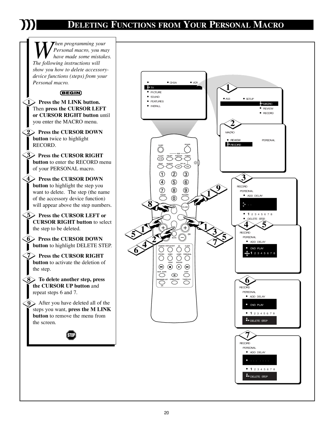 Philips 36PT41B1 Deleting Functions from Your Personal Macro, Cursor Right button to select, To delete another step, press 