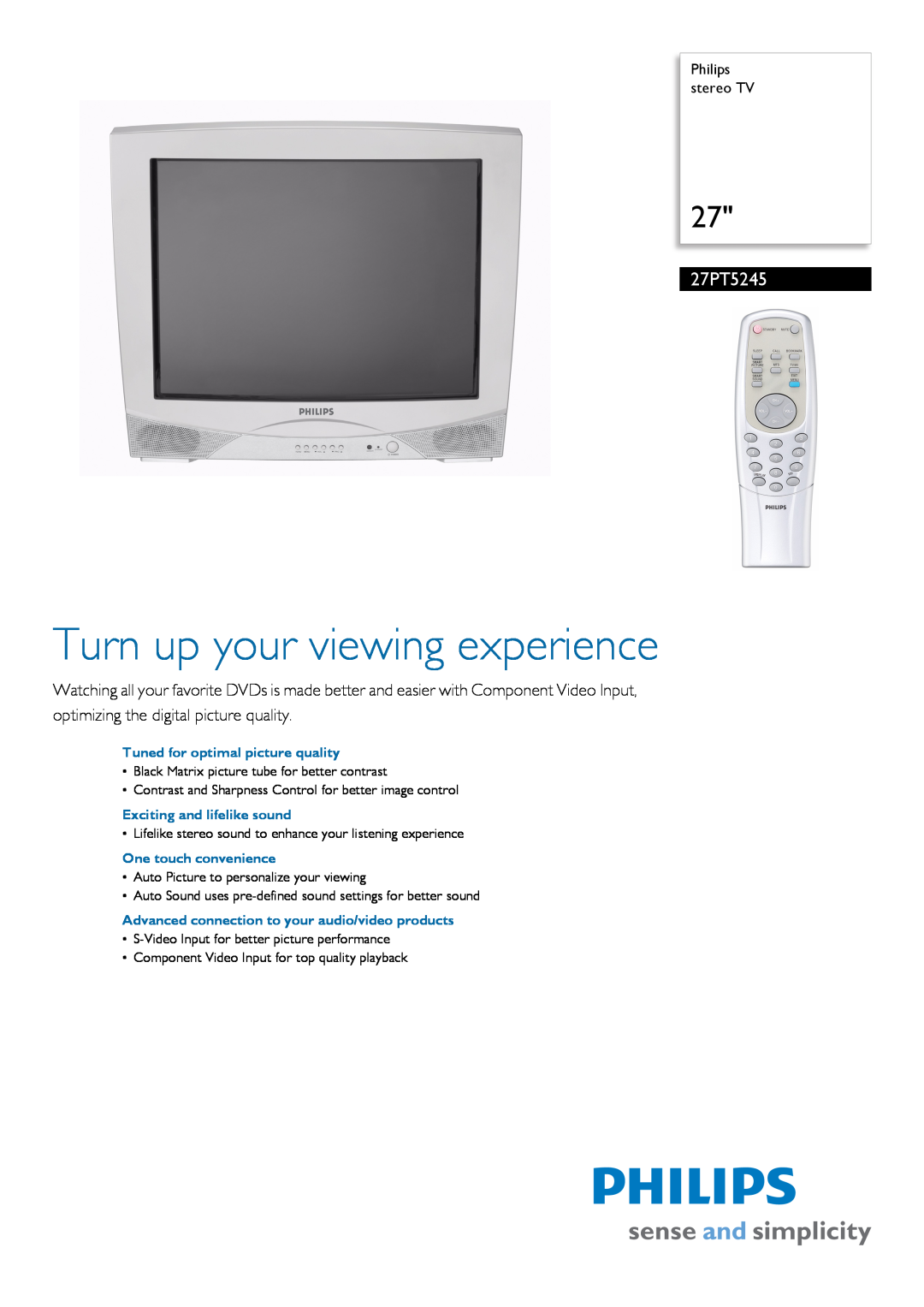 Philips 27PT5245 manual Philips stereo TV, Turn up your viewing experience 