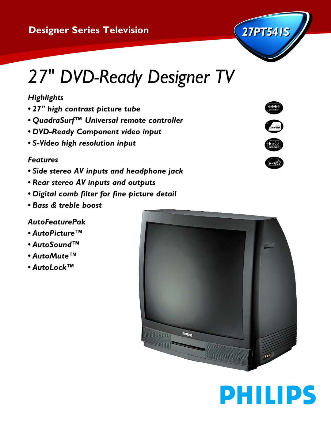 Philips 27PT541S manual DVD-Ready Designer TV 