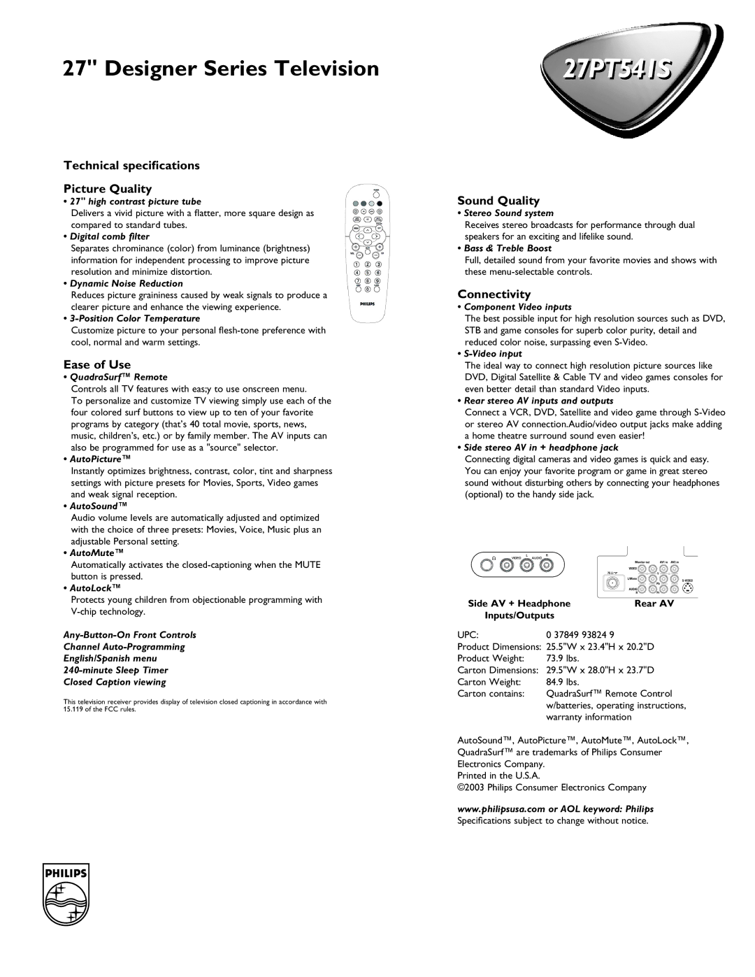 Philips 27PT541S manual Technical speciﬁcations Picture Quality, Ease of Use, Sound Quality, Connectivity 