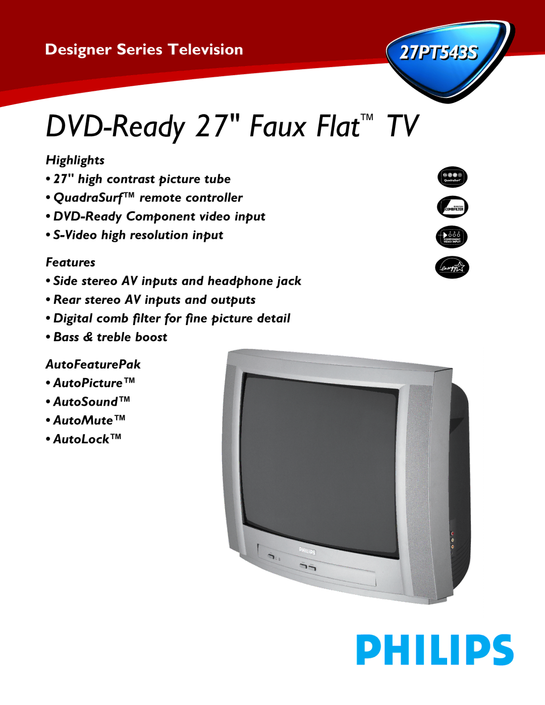 Philips 27PT543S manual DVD-Ready 27 Faux Flat TV 