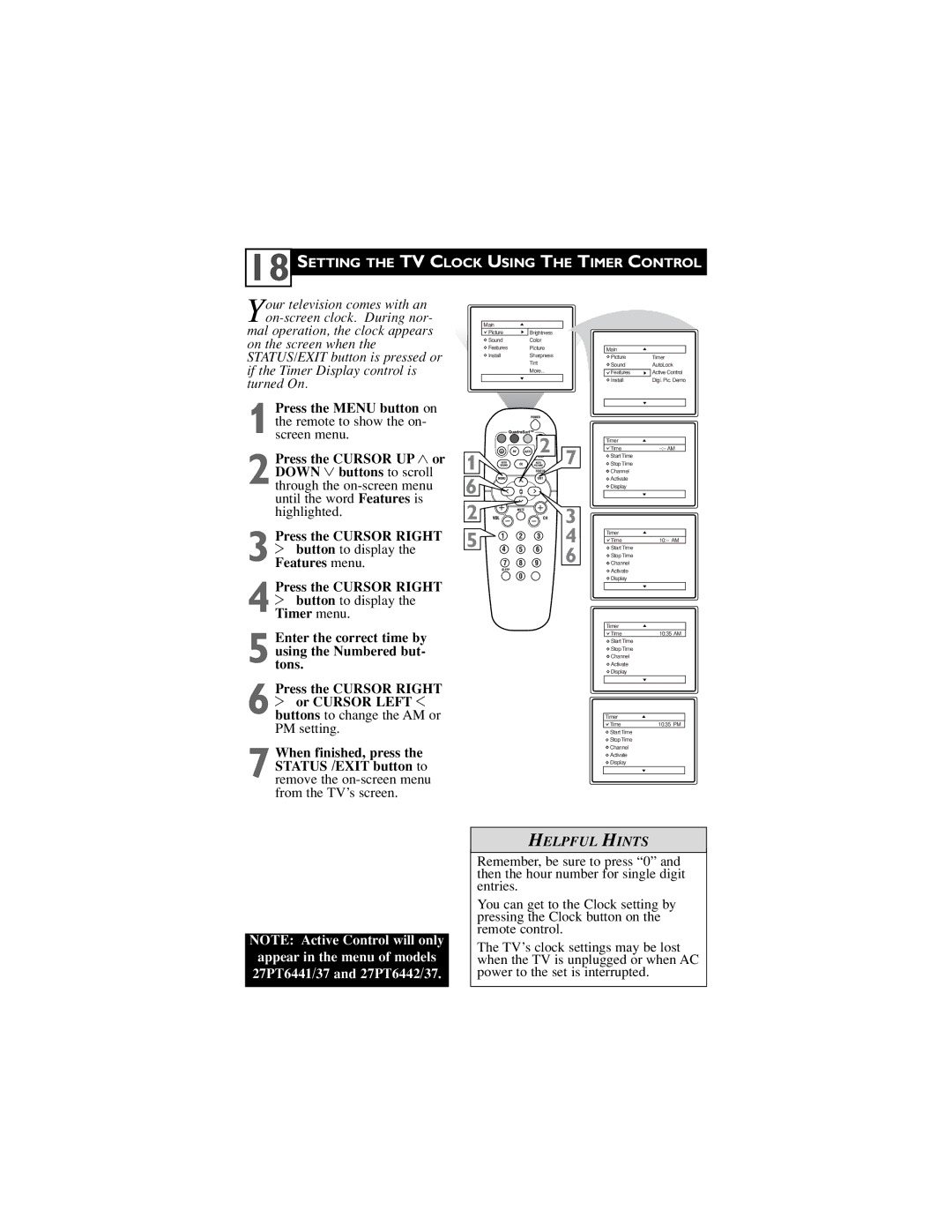 Philips 27PT5441, 32PT5441, 27PT6441, 27PT6442 user manual Setting the TV Clock Using the Timer Control 