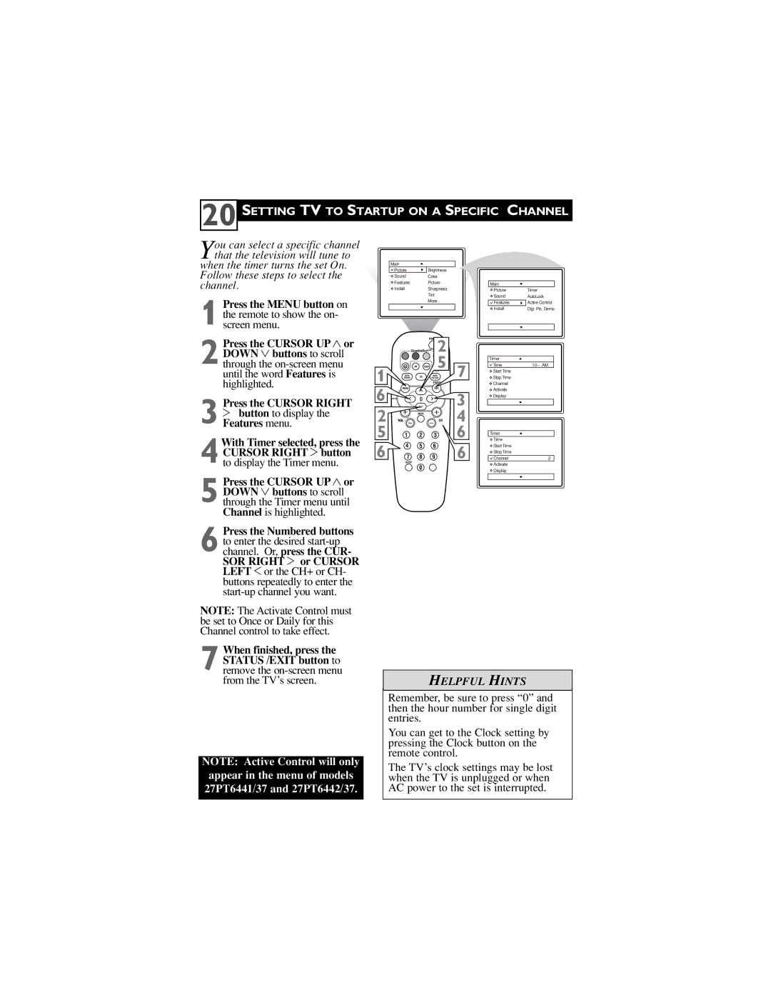 Philips 27PT5441, 32PT5441, 27PT6441, 27PT6442 user manual Setting TV to Startup on a Specific Channel 