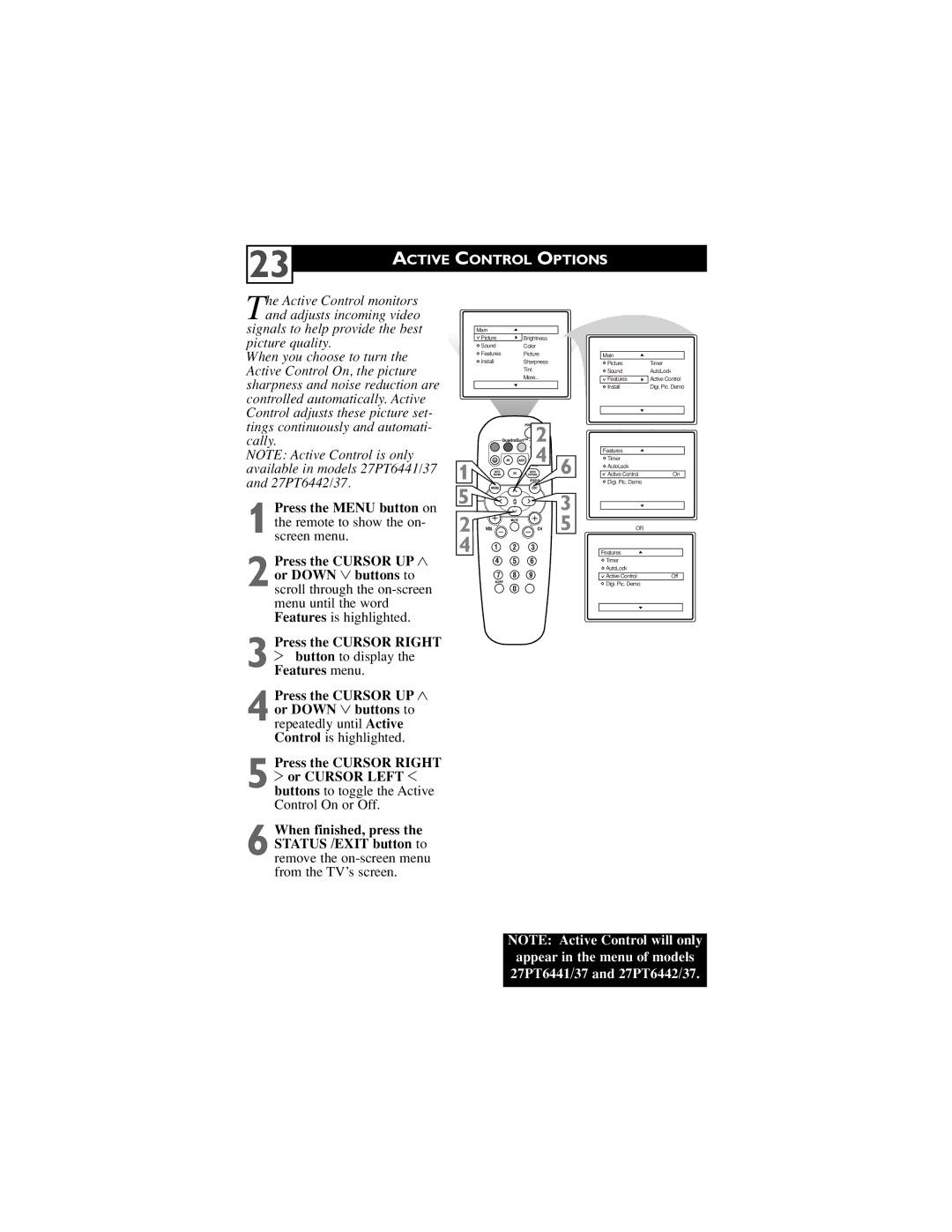 Philips 27PT5441, 32PT5441, 27PT6441, 27PT6442 user manual Active Control Options 