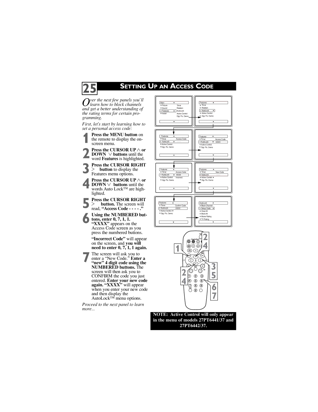 Philips 27PT5441, 32PT5441, 27PT6441, 27PT6442 Setting UP AN Access Code, Proceed to the next panel to learn More 