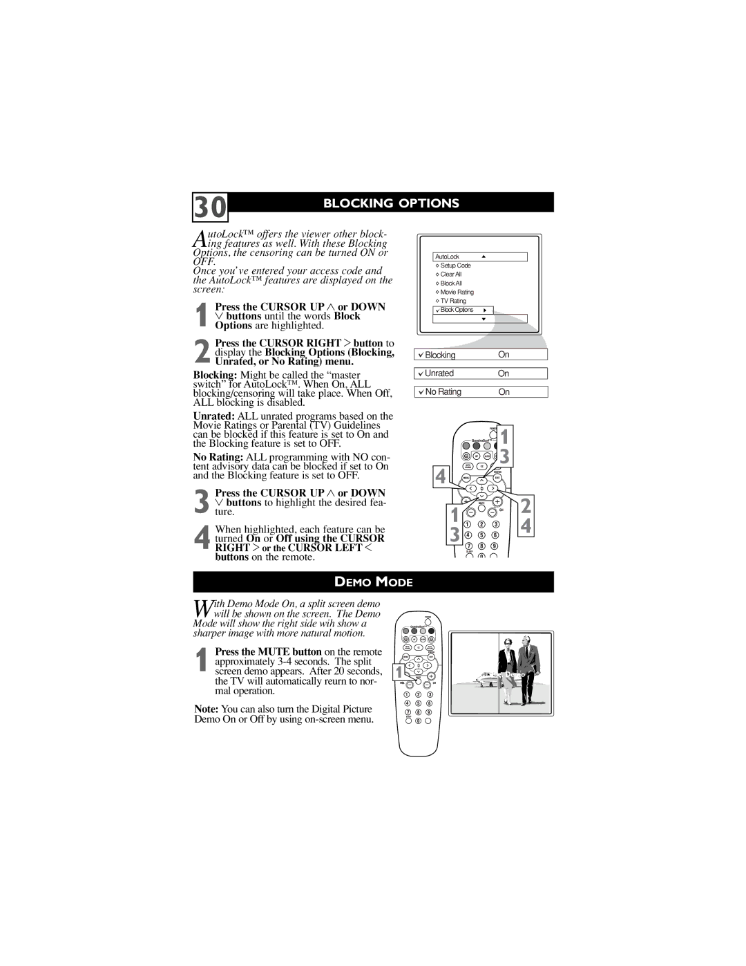 Philips 27PT5441, 32PT5441, 27PT6441, 27PT6442 Blocking Options, Unrated, or No Rating menu, Press the Cursor UP 3 or Down 