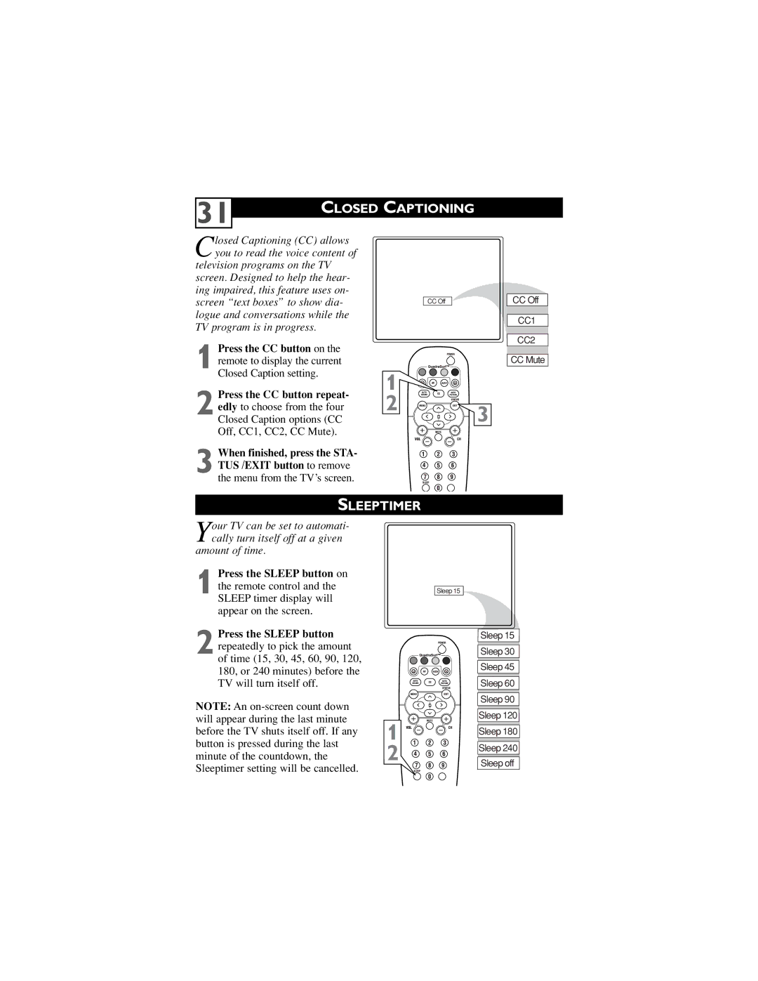 Philips 27PT5441, 32PT5441, 27PT6441, 27PT6442 user manual Closed Captioning, Sleeptimer 