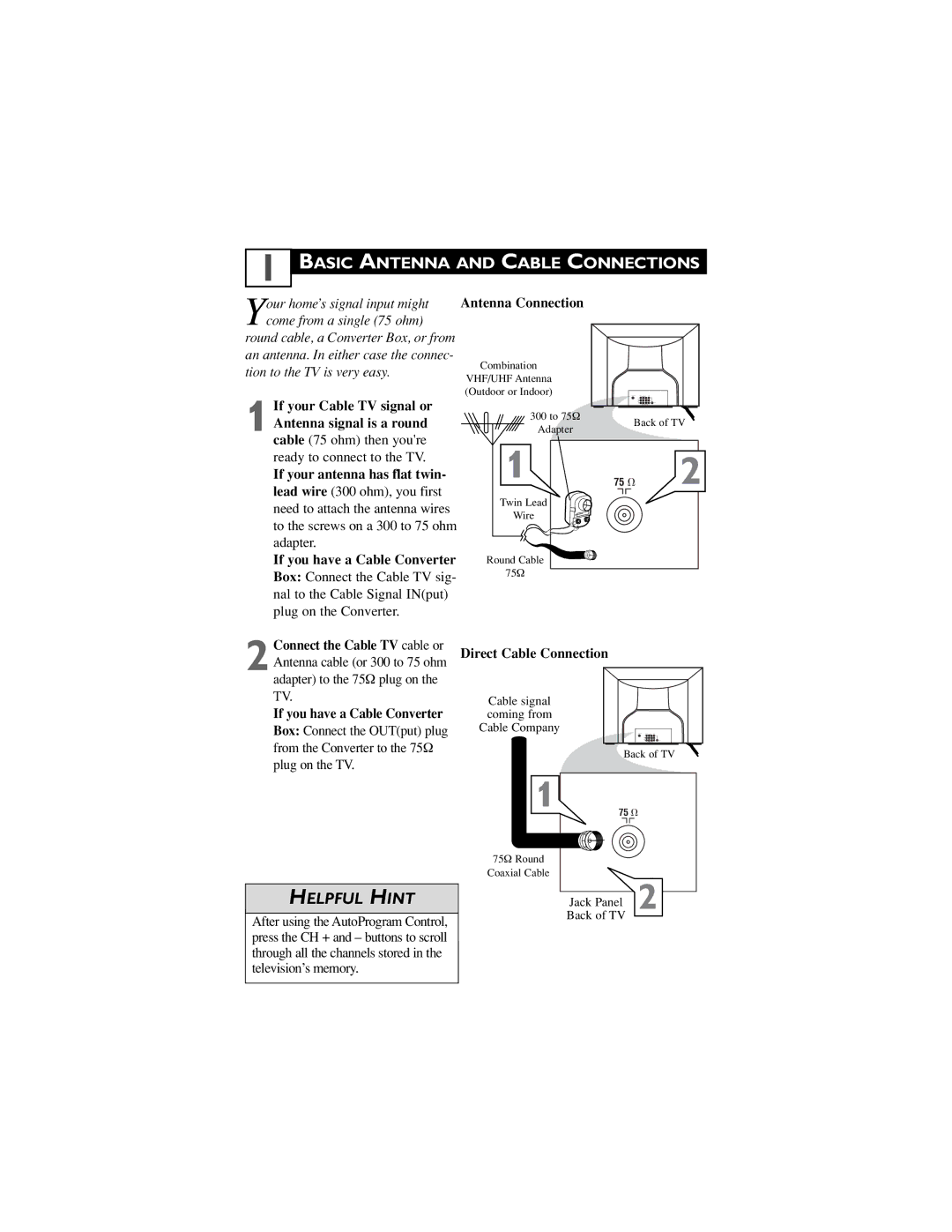 Philips 27PT5441, 32PT5441, 27PT6441, 27PT6442 user manual Basic Antenna and Cable Connections 