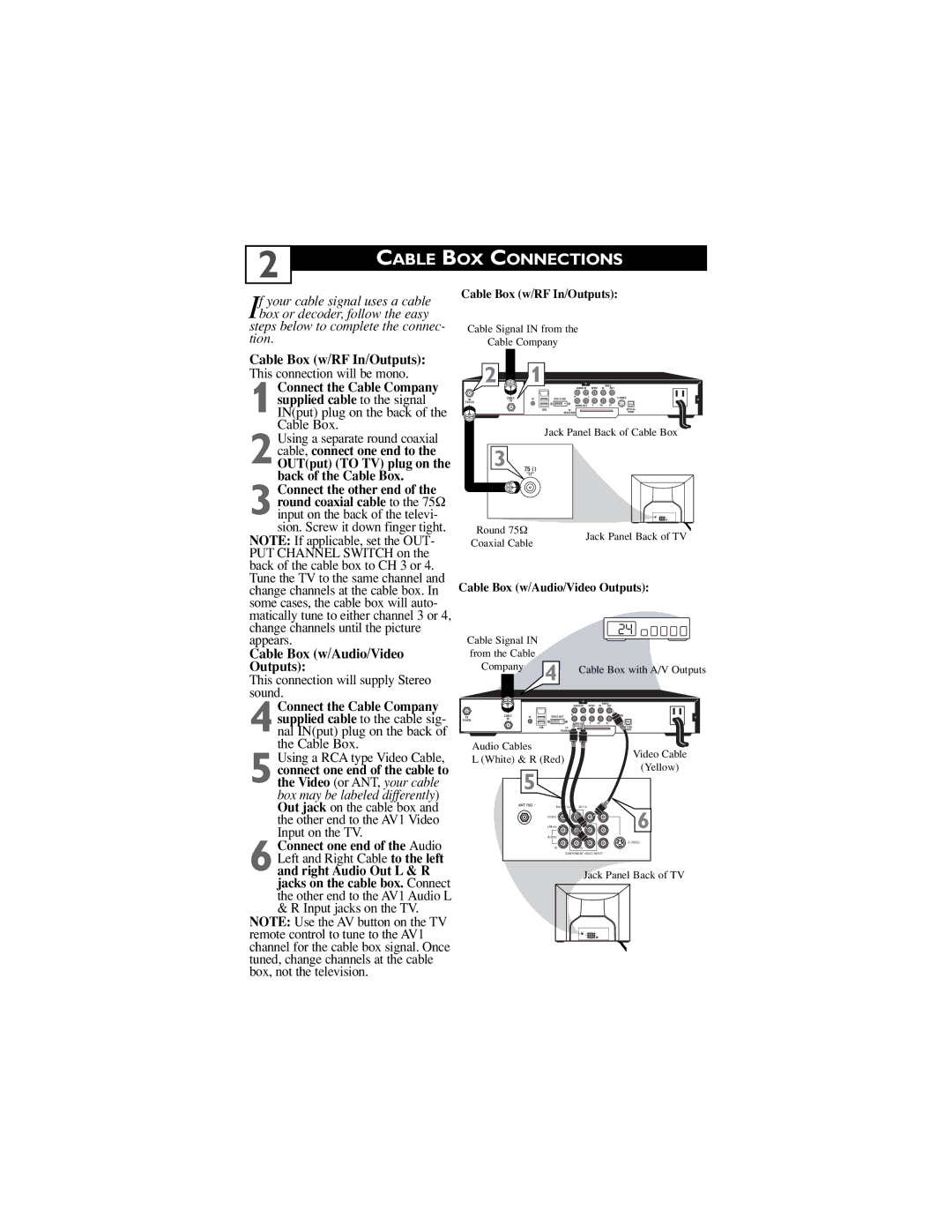 Philips 27PT5441, 32PT5441, 27PT6441, 27PT6442 user manual Cable BOX Connections, Cable Box w/RF In/Outputs 