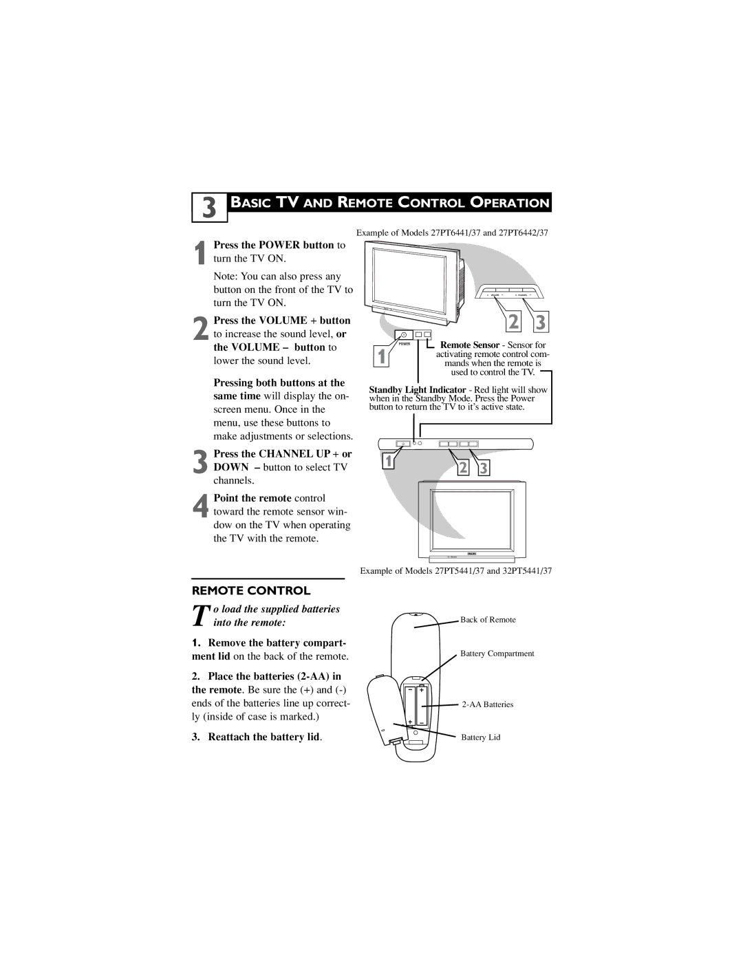 Philips 27PT5441, 32PT5441, 27PT6441, 27PT6442 user manual Basic TV and Remote Control Operation, Pressing both buttons at 