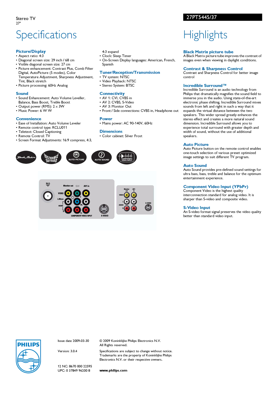 Philips 27PT5445 manual Picture/Display, Sound, Convenience, Tuner/Reception/Transmission, Connectivity, Power, Dimensions 