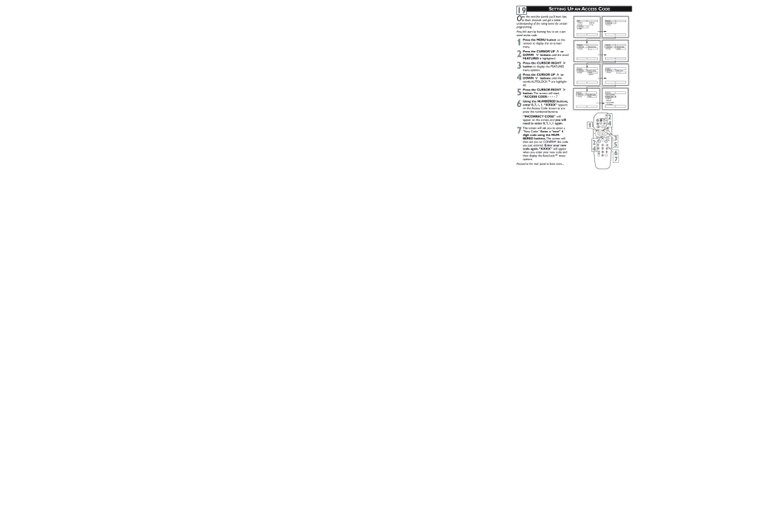 Philips 27PT5445/37 user manual Setting UP AN Access Code, Press the Cursor UP ˚ or, Access Code Using the Numbered buttons 