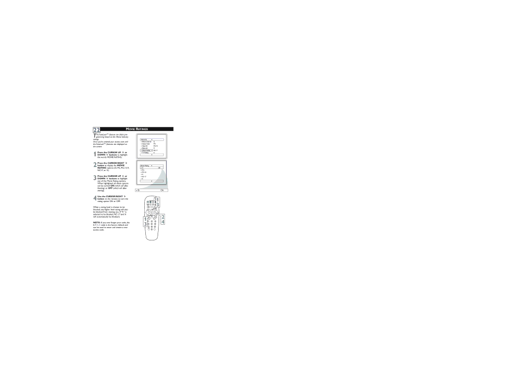 Philips 27PT5445/37 Movie Ratings, Use the Cursor Right ˙, 4button on the remote to turn the rating option on or OFF 