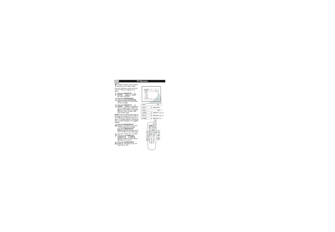 Philips 27PT5445/37 user manual TV Ratings, Press the Cursor UP ˚ or Down ¸ buttons to highlight, Words TV Rating 