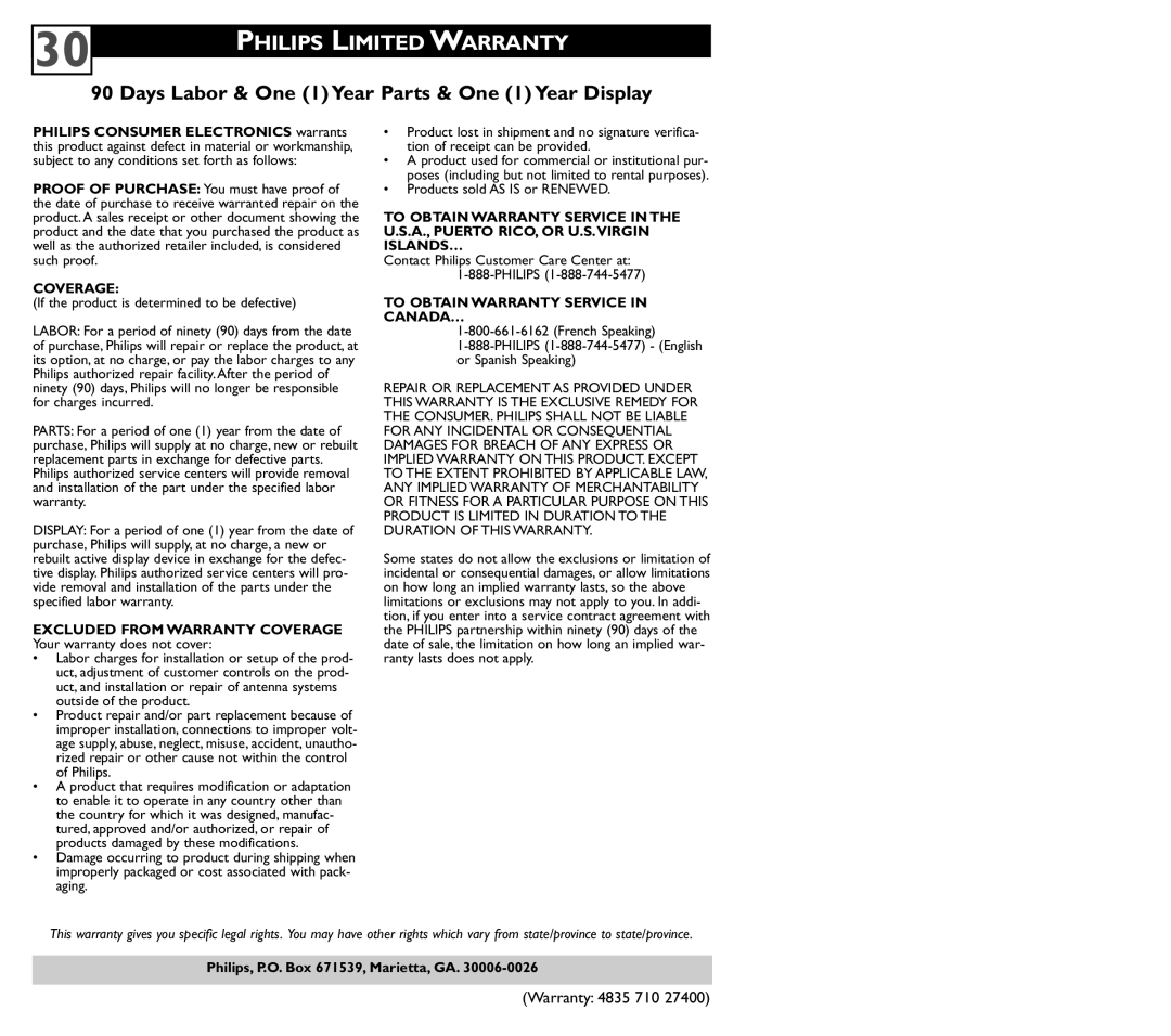 Philips 27PT5445/37 user manual Philips Limited Warranty, Days Labor & One 1 Year Parts & One 1 Year Display 