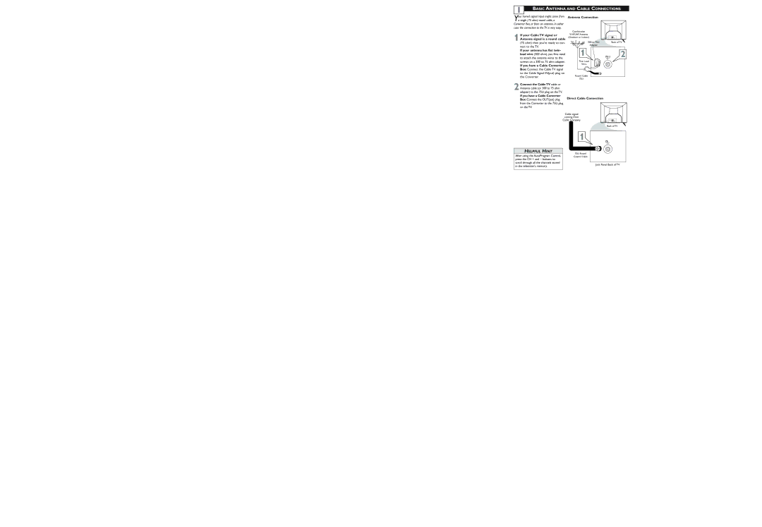 Philips 27PT5445/37 Basic Antenna and Cable Connections, If your antenna has flat twin, If you have a Cable Converter 